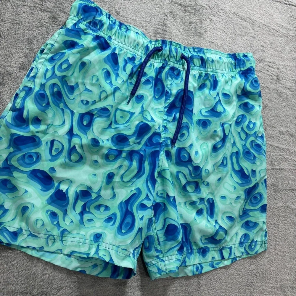 George M Blue Green Abstract Swirl Print Swim Trunks Shorts Casual Beachwear‎